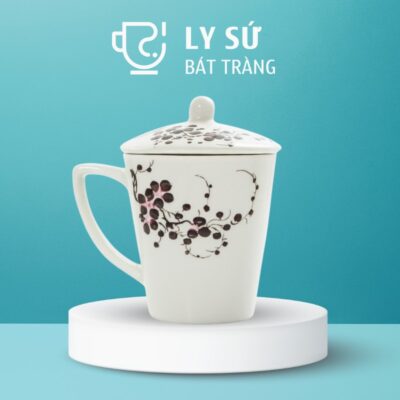 Ly sứ Bát Tràng quà tặng in logo họa tiết vẽ tay hoa đen có nắp 350ml LSVT-24