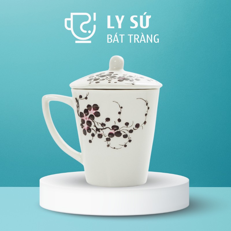 Ly sứ Bát Tràng quà tặng in logo họa tiết vẽ tay hoa đen có nắp dung tích 350ml LSVT-24