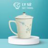 Ly sứ Bát Tràng quà tặng in logo họa tiết vẽ tay hoa đào xanh có nắp dung tích 350ml LSVT-29