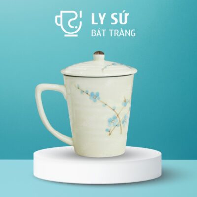Ly sứ Bát Tràng quà tặng in logo họa tiết vẽ tay hoa đào xanh có nắp dung tích 350ml LSVT-29