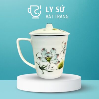 Ly sứ Bát Tràng quà tặng in logo họa tiết vẽ tay hoa sen bóng có nắp dung tích 350ml LSVT-36