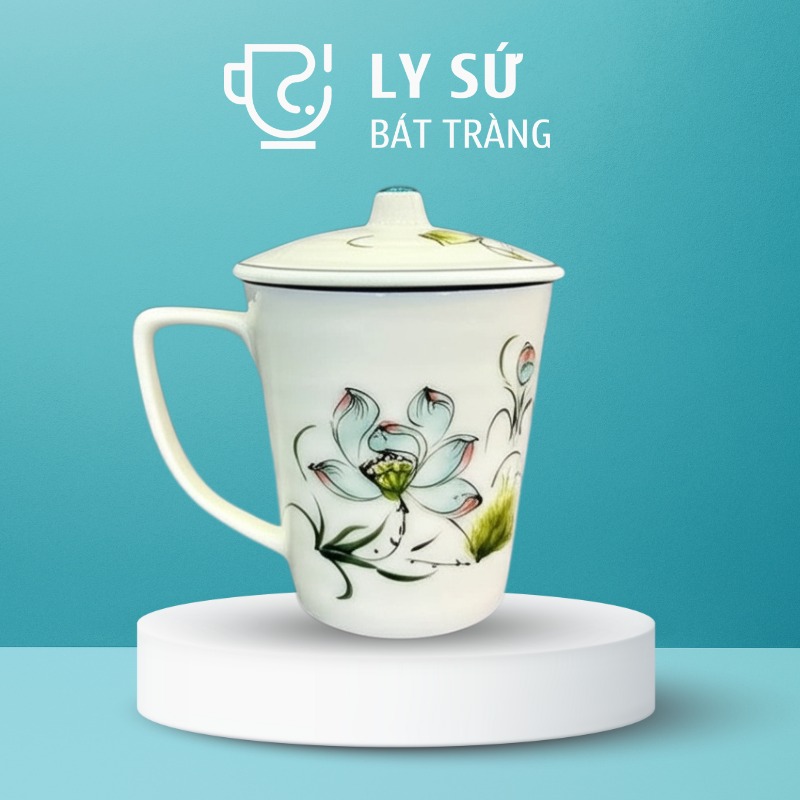 Ly sứ Bát Tràng quà tặng in logo họa tiết vẽ tay hoa sen bóng có nắp dung tích 350ml LSVT-36
