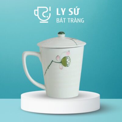 Ly sứ Bát Tràng quà tặng in logo họa tiết vẽ tay hoa sen hồng có nắp dung tích 350ml LSVT-28