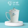 Ly sứ Bát Tràng quà tặng in logo họa tiết vẽ tay hoa sen xanh có nắp dung tích 350ml LSVT-26