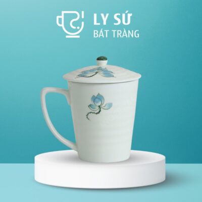 Ly sứ Bát Tràng quà tặng in logo họa tiết vẽ tay hoa sen xanh có nắp dung tích 350ml LSVT-26