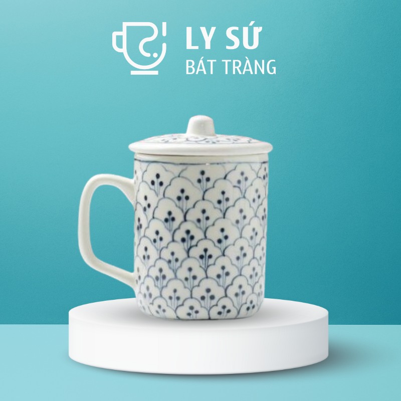 Ly sứ có nắp Bát Tràng quà tặng in logo họa tiết vẽ tay hoa văn dung tích 350ml LSCN-05