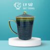 Ly sứ men hỏa biến quà tặng in logo màu xanh navy dáng vát có nắp dung tích 350ml CSHB-12