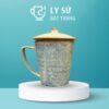 Ly sứ men hỏa biến quà tặng in logo màu xanh ghi xám dáng vát có nắp dung tích 350ml CSHB-13