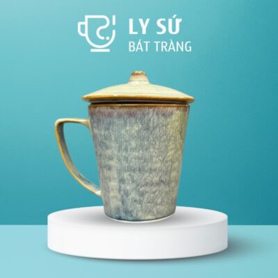 Ly sứ men hỏa biến quà tặng in logo màu xanh ghi xám dáng vát có nắp dung tích 350ml CSHB-13