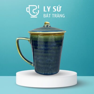 Ly sứ men hỏa biến quà tặng in logo màu xanh navy dáng vát có nắp dung tích 350ml CSHB-12