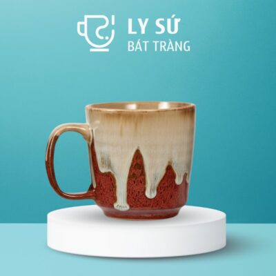 Ly sứ men hỏa biến quà tặng in logo màu nâu đỏ dáng trụ quai C dung tích 230ml LSMHB-10