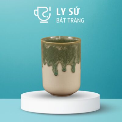Ly sứ men hỏa biến quà tặng in logo màu xanh lá dáng trụ cao không quai dung tích 270ml LSMHB-11