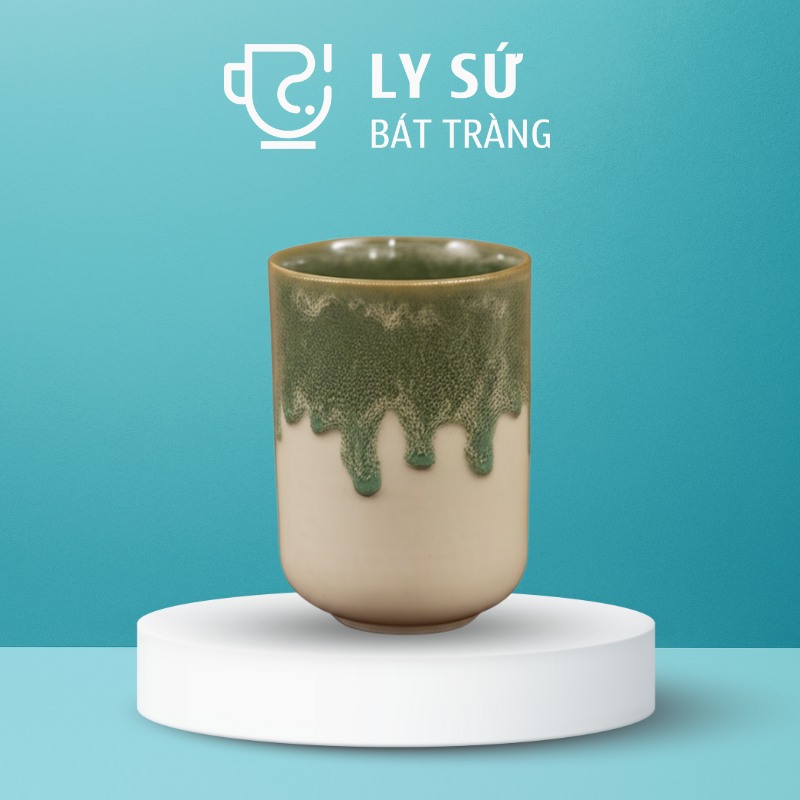 Ly sứ men hỏa biến quà tặng in logo màu xanh lá dáng trụ cao không quai dung tích 270ml LSMHB-11
