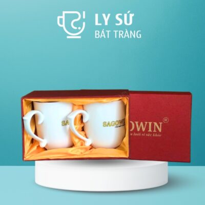 Bộ 2 cốc sứ Bát Tràng quà tặng in logo dáng thóp quai bán tim 350ml BCS-11