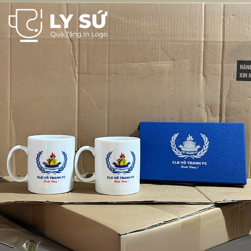 Bộ 2 cốc sứ Bát Tràng quà tặng in logo màu trắng dáng trụ quai C 350ml BCS-20