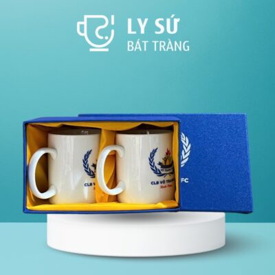 Bộ 2 cốc sứ Bát Tràng quà tặng in logo màu trắng dáng trụ quai C 350ml BCS-20