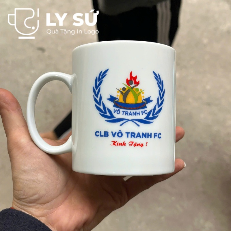Bộ 2 cốc sứ Bát Tràng quà tặng in logo màu trắng dáng trụ quai C 350ml BCS-20