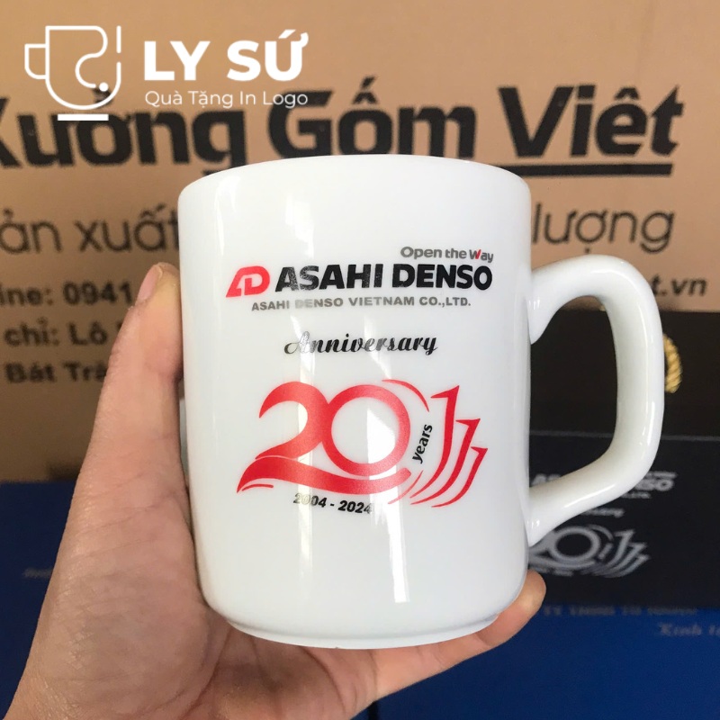 Bộ 2 cốc sứ Bát Tràng quà tặng in logo dáng trụ quai vuông 350ml BCS-12
