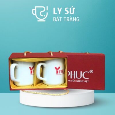 Bộ 2 cốc sứ Bát Tràng quà tặng in logo dáng trụ quai vuông 350ml BCS-10