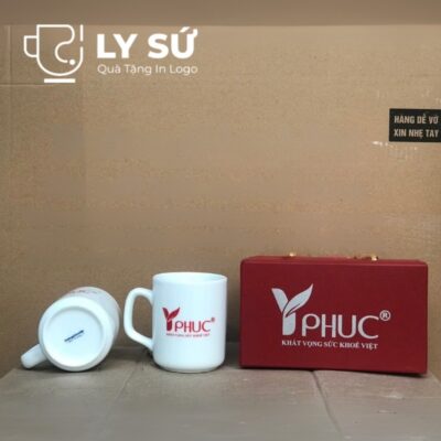 Bộ 2 cốc sứ Bát Tràng quà tặng in logo dáng trụ quai vuông 350ml BCS-10