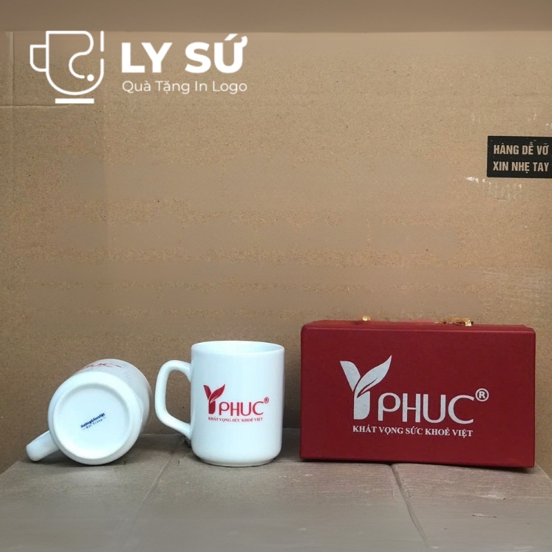 Bộ 2 cốc sứ Bát Tràng quà tặng in logo dáng trụ quai vuông 350ml BCS-10