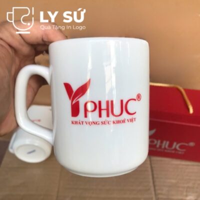 Bộ 2 cốc sứ Bát Tràng quà tặng in logo dáng trụ quai vuông 350ml BCS-10