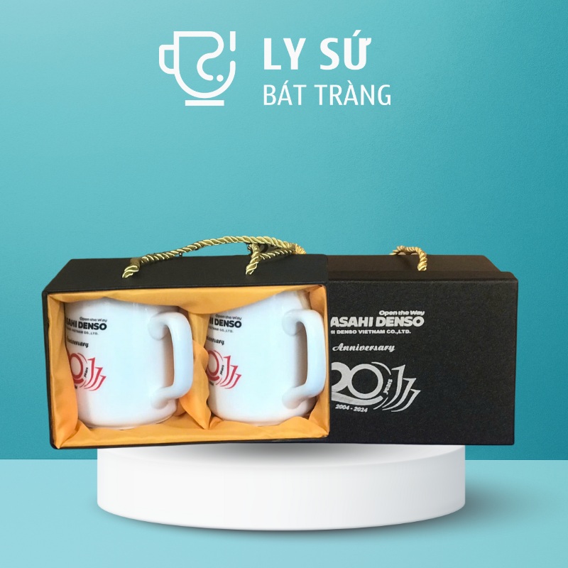 Bộ 2 cốc sứ Bát Tràng quà tặng in logo dáng trụ quai vuông 350ml BCS-12