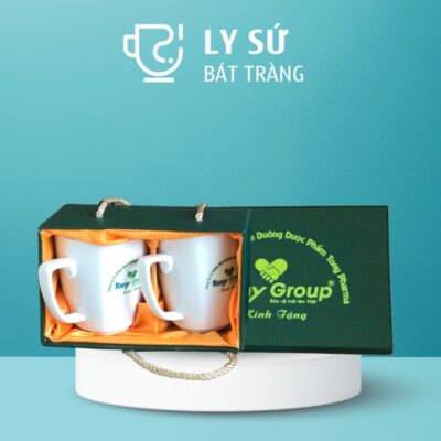 Bộ 2 cốc sứ Bát Tràng quà tặng in logo dáng vuông quai vuông 330ml BCS-14
