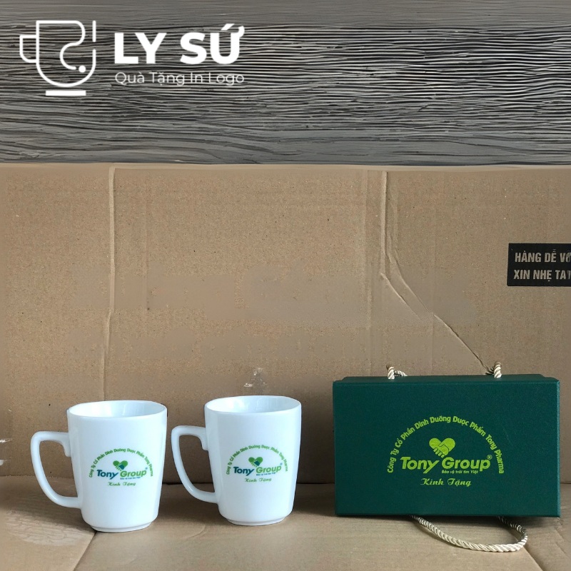Bộ 2 cốc sứ Bát Tràng quà tặng in logo dáng vuông quai vuông 330ml BCS-14