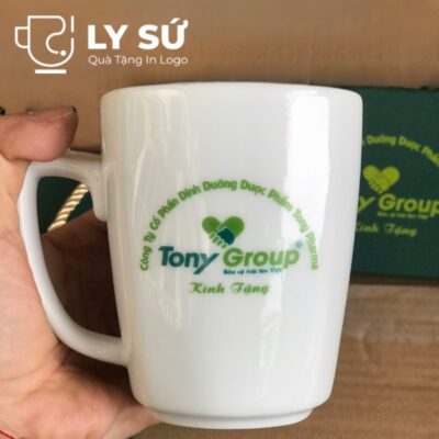 Bộ 2 cốc sứ Bát Tràng quà tặng in logo dáng vuông quai vuông 330ml BCS-14