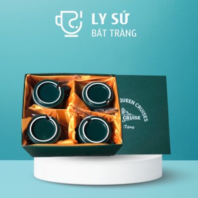 Bộ 4 cốc sứ Bát Tràng quà tặng in logo có nắp và thìa màu xanh lá đậm 300ml BCS-16