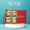 Bộ 4 cốc sứ Bát Tràng quà tặng in logo màu trắng dáng lùn quai C 300ml BCS-18