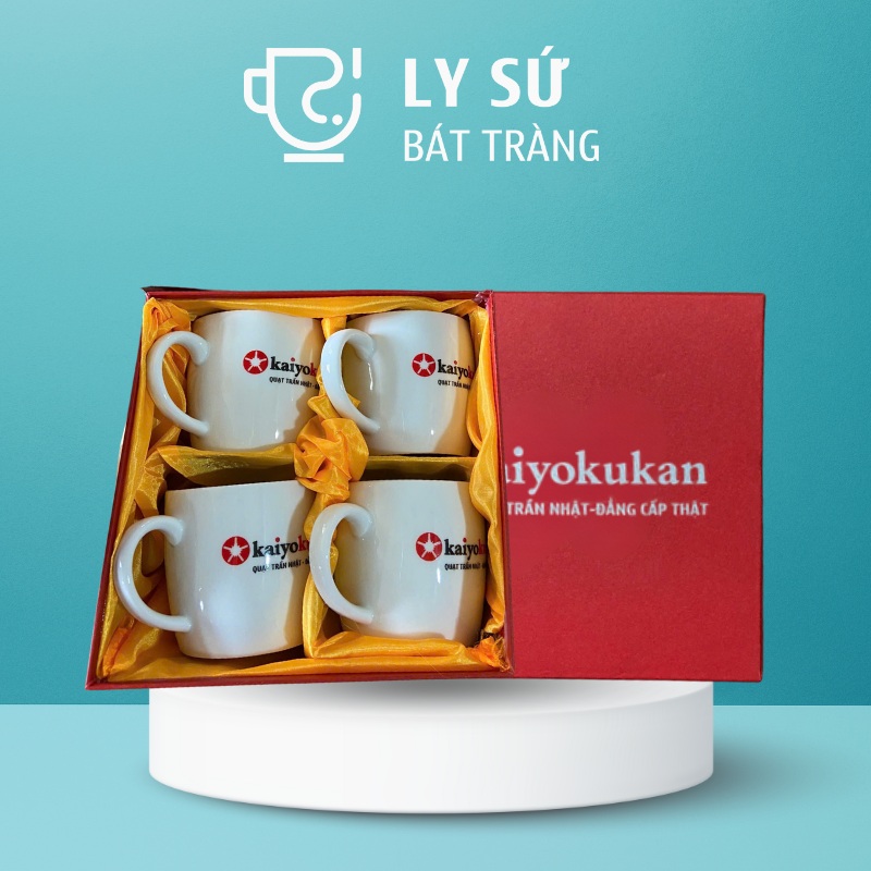 Bộ 4 cốc sứ Bát Tràng quà tặng in logo màu trắng dáng lùn quai C 300ml BCS-18