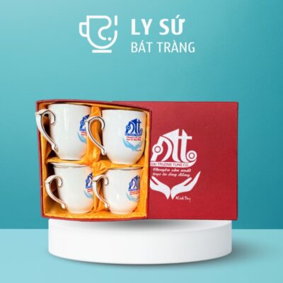 Bộ 4 cốc sứ Bát Tràng quà tặng in logo dáng thóp có nắp quai bán tim 350ml BCS-17