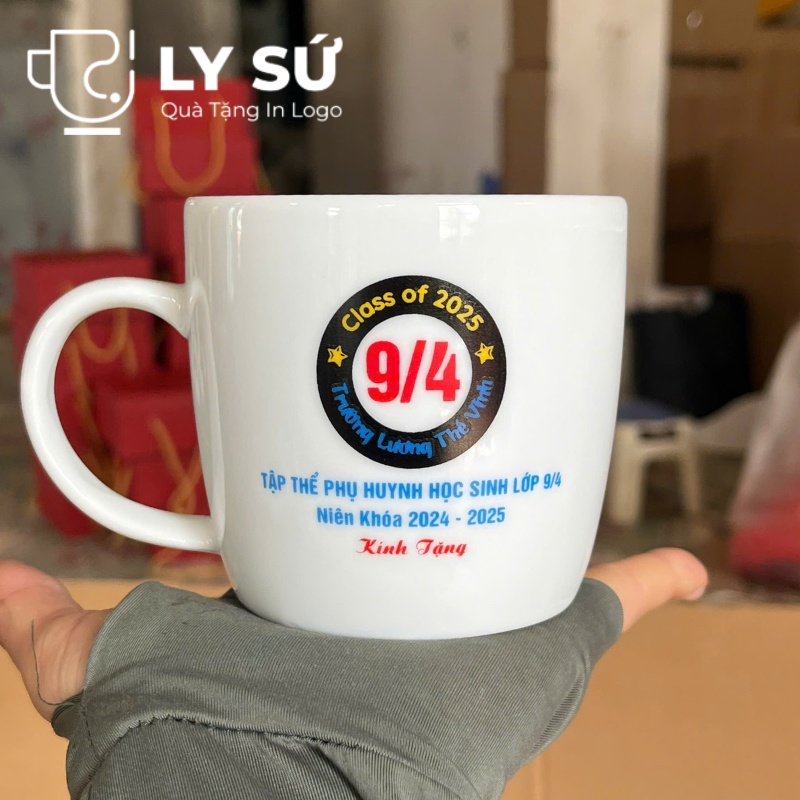 Bộ 4 cốc sứ Bát Tràng quà tặng in logo màu trắng dáng lùn quai C 300ml BCS-21