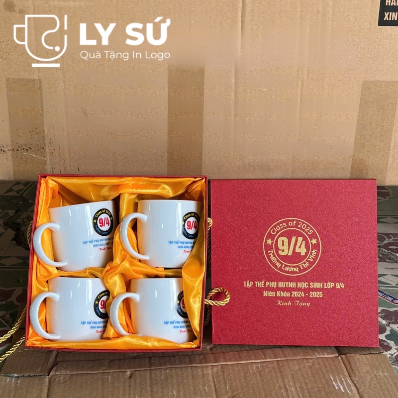 Bộ 4 cốc sứ Bát Tràng quà tặng in logo màu trắng dáng lùn quai C 300ml BCS-21