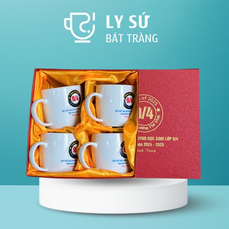Bộ 4 cốc sứ Bát Tràng quà tặng in logo màu trắng dáng lùn quai C 300ml BCS-21