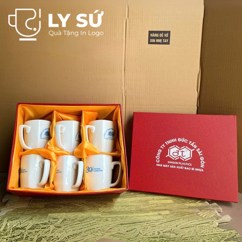Bộ 6 cốc sứ Bát Tràng quà tặng in logo dáng vuông quai vuông 330ml BCS-13