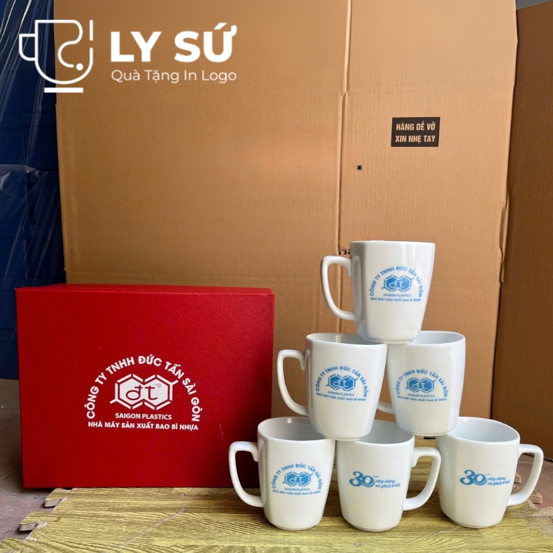 Bộ 6 cốc sứ Bát Tràng quà tặng in logo dáng vuông quai vuông 330ml BCS-13
