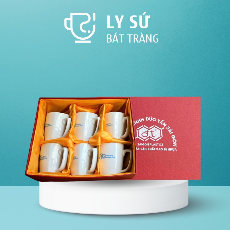Bộ 6 cốc sứ Bát Tràng quà tặng in logo dáng vuông quai vuông 330ml BCS-13