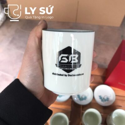Bộ 6 cốc sứ Bát Tràng quà tặng in logo kèm đĩa họa tiết vẽ tay dáng trụ không quai 200ml BCS-19