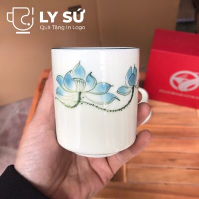 Bộ 6 cốc sứ Bát Tràng quà tặng in logo kèm đĩa họa tiết vẽ tay dáng trụ không quai 200ml BCS-19