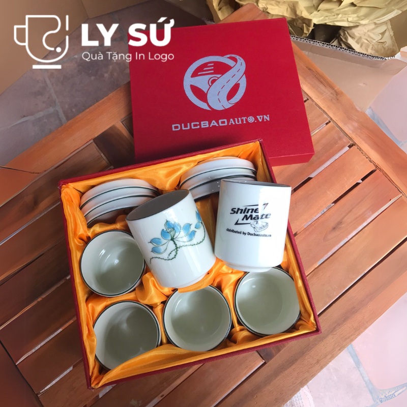 Bộ 6 cốc sứ Bát Tràng quà tặng in logo kèm đĩa họa tiết vẽ tay dáng trụ không quai 200ml BCS-19