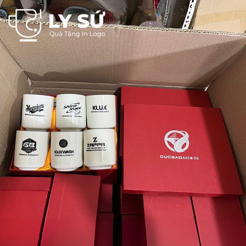 Bộ 6 cốc sứ Bát Tràng quà tặng in logo kèm đĩa họa tiết vẽ tay dáng trụ không quai 200ml BCS-19
