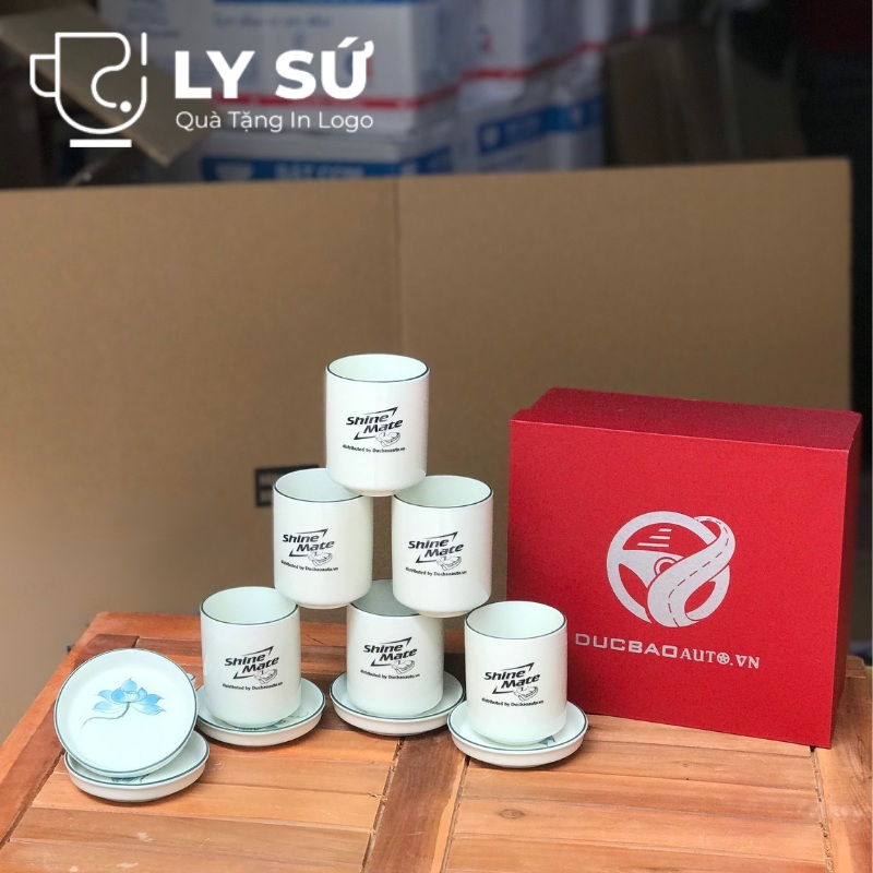 Bộ 6 cốc sứ Bát Tràng quà tặng in logo kèm đĩa họa tiết vẽ tay dáng trụ không quai 200ml BCS-19