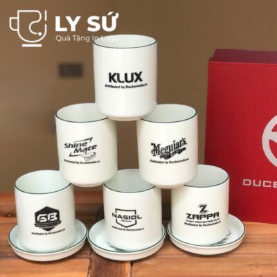 Bộ 6 cốc sứ Bát Tràng quà tặng in logo kèm đĩa họa tiết vẽ tay dáng trụ không quai 200ml BCS-19