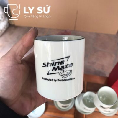 Bộ 6 cốc sứ Bát Tràng quà tặng in logo kèm đĩa họa tiết vẽ tay dáng trụ không quai 200ml BCS-19
