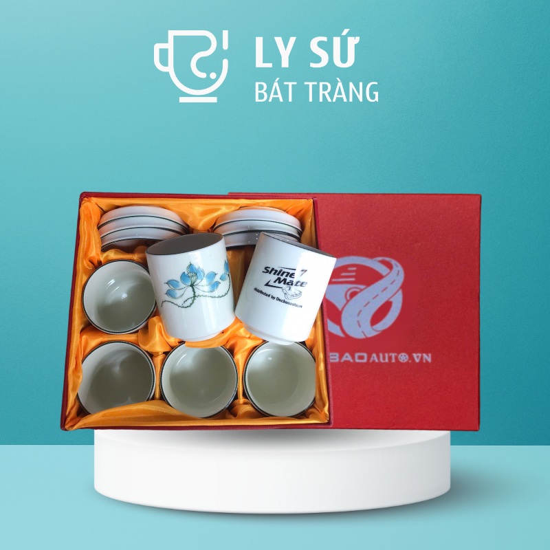 Bộ 6 cốc sứ Bát Tràng quà tặng in logo kèm đĩa họa tiết vẽ tay dáng trụ không quai 200ml BCS-19
