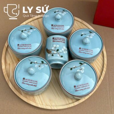 Bộ giftset cốc sứ Bát Tràng quà tặng in logo gồm 1 cốc sứ và 5 hũ mứt BGS-01