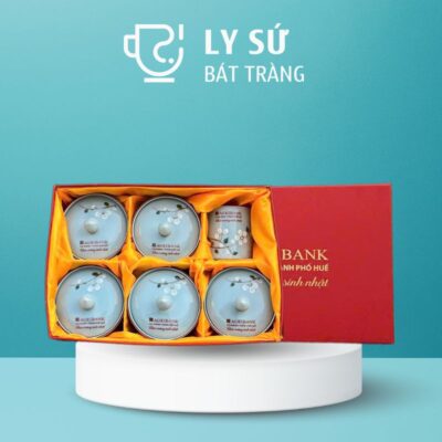 Bộ giftset cốc sứ Bát Tràng quà tặng in logo gồm 1 cốc sứ và 5 hũ mứt BGS-01